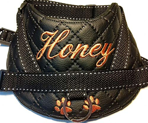 Hundegeschirr S M L XL XXL Brustgeschirr mit Wunsch Namen bestickt Kunstleder Schwarz Kupfer