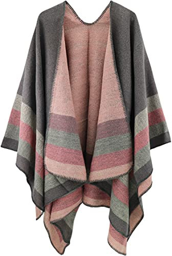 Shmily Girl Womens Reversible Oversized Poncho Cape Blanket Shawl Cardigans (One Size, Stripe/Gray)
