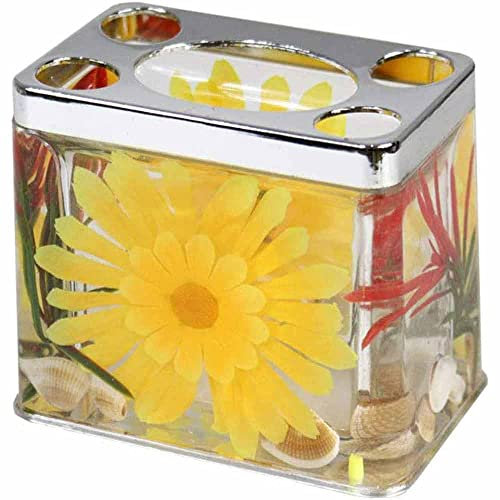 Vetrineinrete® Dispenser Sapone Liquido Bicchiere Porta spazzolino e portasapone in ABS Decorazione a Fiori Giallo e Conchiglie Accessori arredo Bagno (Bicchiere portaspazzolini) M29