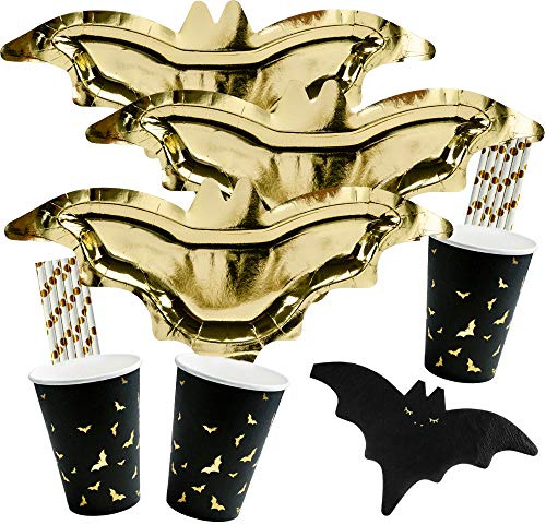 spielum 56-teiliges Party-Set Halloween Fledermaus - Teller Becher Servietten Trinkhalme für 12 Personen