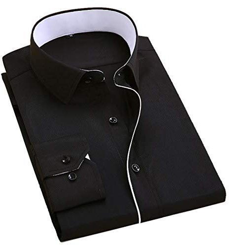 Lyon Becker Men's Slim Fit Casual Formal Shirts Cotton Long Sleeve Contrast Piping (Black, L)