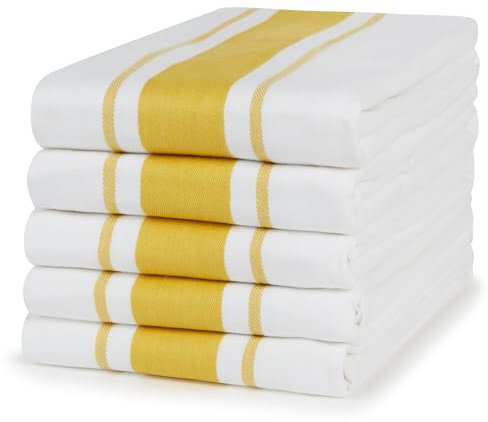 100% Cotton Tea Towel - Mustard Stripe Pattern, Pack of 5 | Kitchen Towel Set | Absorbent, Strong, Quick Dry & Machine Washable | Home Decor & Bathroom Accessories