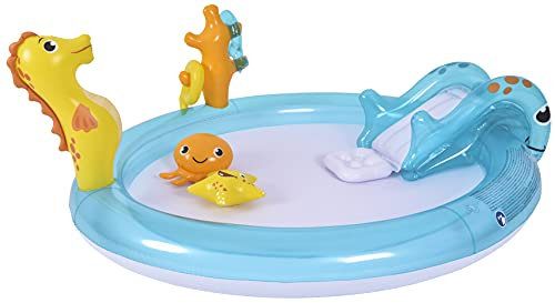 Badespaß Kinder Pool Planschbecken ca. 198cm x 175cm x 40cm Höhe ca. 15cm mit Rutsche und Spritze aufblasbaren Figuren 2 aufblasbare Wurfringe Pool Sommer Baden Garten