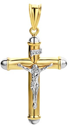 PRINS JEWELS 14 Karat 585 Gold Bicolor Kreuz Anhänger Gelbgold Weißgold Mit Jesus 42 x 25 mm