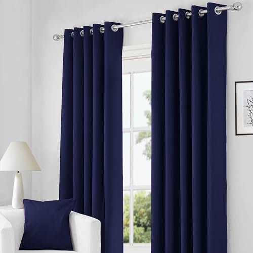 RayyanLinen Readymade Blackout Thermal Eyelet Ring Top Pair of Curtains Including 2 free Tiebacks (NAVY BLUE, Width 66 x Drop 90)