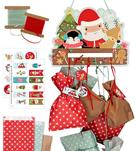 KuschelICH Adventskalender zum Aufhängen und selbst Befüllen Komplettset mit Schnur, Papiertüten & Adventskalenderzahlen-Anhänger (Santa & Friends)