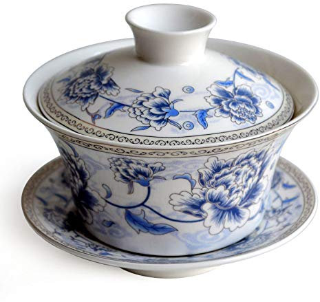 Gaiwan Blue White Porcelain Teacup Sancai Tea Cup Saucer Cover Set Showy Peony (200ml)