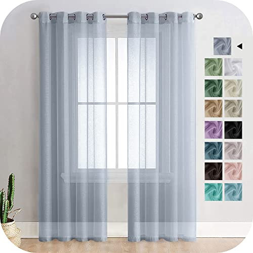 MRTREES Voile Gardinen Vorhang halbtransparent kurz mit Ösen in Leinenoptik Stores Gardinen Schals für Wohnzimmer Schlafzimmer Kinderzimmer Grau 215×140cm (H×B) 2er Set