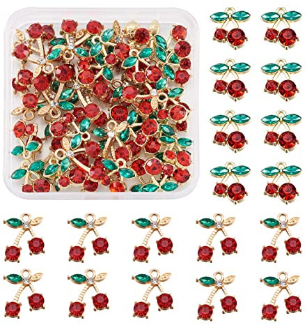 Cheriswelry 40pcs Cherry Crystal Charms 2 Styles Alloy Rhinestone Cherry Fruit Pendants Golden Plated for Jewellery Necklace Crafts Making