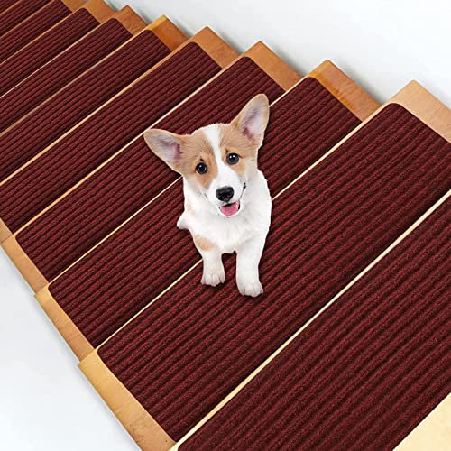 15 Stück Rutschfeste Stufenmatten Kleberfreie Selbstklebende Treppenstufen Sicherheitstreppen-Traktions-Hartholzstufen Sicherheit Für Babys, Ältere Und Haustiere 76 X 21 Cm (Set of 15 Stufen,Rot)