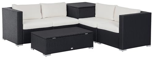 Outsunny 6 TLG. Polyrattan Gartenmöbel Set Sitzgarnitur mit Kissen Sitzgruppe Gartenset Sofagarnitur Lounge Tisch mit Stauraum Stahl Luxus Schwarz+Creme