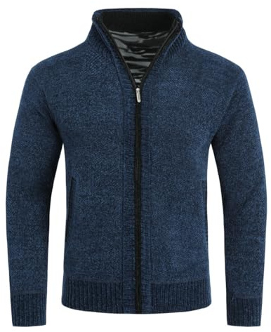 Allthemen Stickad cardigan för män, hel dragkedja, varm fleecefodrad tjock tröja, ståkrage, kappa