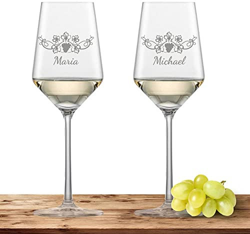 2x Weißweinglas mit Namen oder Wunschtext graviert - Schott Zwiesel Glas Riesling PURE - Weinglas personalisiertes Geschenk (Weinrebe)
