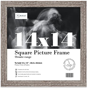 Almost Frameless 14x14 Walnut Ornate Picture Frame 14x14(35.6x35.6cm) Poster, Photo, Artwork, or Print. Elegant Style Portrait and Landscape Display with Wall Hooks