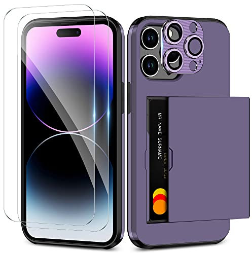 Coolden for iPhone 14 Pro Max Case with Card Holder & 2 Screen Protector + 1 Camera Lens Protector Heavy Duty Protective Case Shockproof Wallet Case Cover for iPhone 14 Pro Max Phone Case-Purple