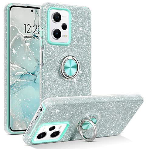 YINLAI für Xiaomi Redmi Note 12 Pro Hülle mit 360° Ring Ständer, Glitzer Stoßfeste Cover Case Handyhülle für 4G/5G, Silber Mint