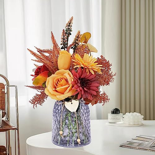 Flores Artificiales Decoracion - Rosas Artificiales Margaritas Artificiales con Jarrón de Cristal, Ramos de Flores Artificiales para Decoracion Habitacion y Decoracion Salon