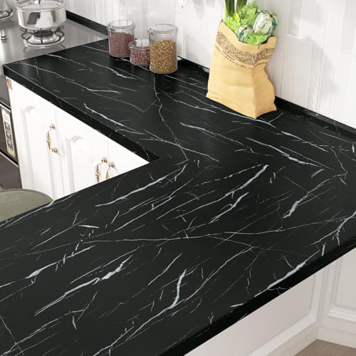 Wallercity Thick Black Marble Contact Paper for Countertops Matte Black Peel and Stick Wallpaper for Cabinets Waterproof Self Adhesive Marble Countertop Wall Paper for Kitchen Bathroom 15.8''x315''