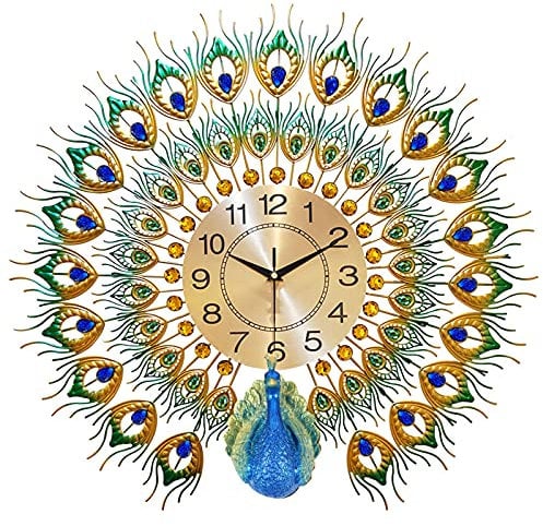Pfau Wanduhr Pfauenuhr, Wandhängende Metall Uhr, 3D-Pfauen-Design Wand Uhr, Wohnzimmer Wanduhr aus Metall, für Wohnzimmer, Schlafzimmer, Küchen Dekoration, 60x60cm