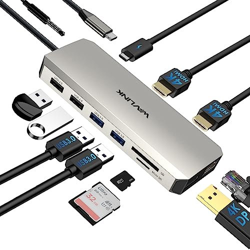 WAVLINK Docking Station 12 in 1 USB C Dual HDMI Docking Station USB C, adattatore multiporta con 4K Dual HDMI, DP, 100 W PD IN, USB3.0, USB2.0, RJ45, slot SD/TF, audio/Mic, per MacBook/Dell/HP/Lenovo