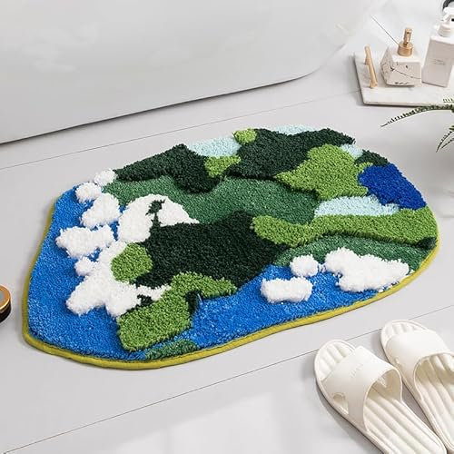 UKELER Shaggy-Moos-Badezimmerdekoration, 3D-beflockter Gras-Teppich, rutschfest, waschbar, Badematte für Dusche, Badewanne, Waschbecken, WC, Eingang, Innen-Fußmatte, 78,9 cm x 50,8 cm
