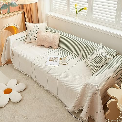 Mesnt Sofabezug Recamiere, Chenille Sofaüberwurf Decke Couch mit Waffelstruktur mit unregelmäßigen Streifen Grün, 180x130CM