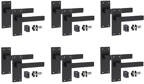 Golden Grace Victorian Straight Delta Door Handles Latch in Matt Black with 1 Pair of 3 Ball Bearing Hinges & Latches Pack, 6 Sets - 120mm x 40mm Backplate