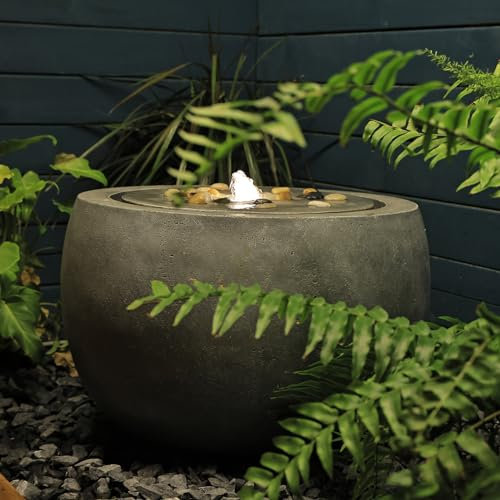 Tankana - Outdoor Garden Water Fountain, Indoor Water Function with Lights and Pump and Pebbles, Round Flow Fountains, Concrete Effect for Patio, Deck, Pond, Patio,