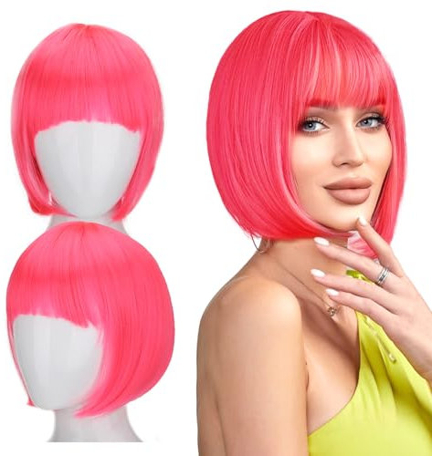 Bob Perücke Damen,Kurze Bob Perücke Velma Perücke Perücke Damen Perücke Mit Pony Bob Perücke Bob Perücke Perücke Kurz Kurze Perücke Tageshaarperücke mit Pony für Partei Cosplay (rosa)