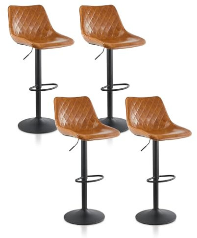 TUKAILAI Barhocker 4er-Set, Barstuhl aus Kunstleder glänzend mit Rückenlehne, Drehstuhl, moderner Küchenhocker mit Fußstütze Frühstücksbarhocker, 360° drehbar, höhenverstellbar,Fußstütze, Hellbraun