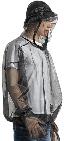 Beokeuioe Net Clothing Mosquito Jacket Mesh Midge Jacket with Hood Breathable Mesh Midge Hiking Camping Outdoor Fishing Suit with Hat and Gloves for Men and Women, A3 Black, S