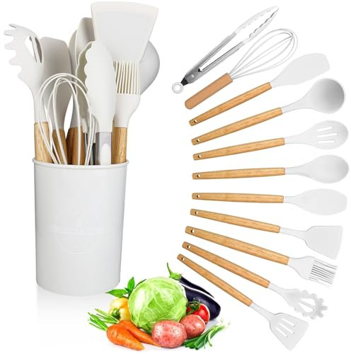 CTDMJ - Juego de 12 utensilios de cocina de silicona con mango de madera, cucharas antiadherentes, juego de utensilios de cocina de silicona, resistentes al calor (blanco)