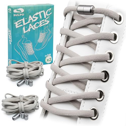 SULPO 2 Paare Schnürsenkel ohne Binden - Runde Gummi Schnürsenkel Schnellverschluss - Elastische Schnürsenkel für Erwachsene und Kinder - Schuhbänder ohne Binden - Grau