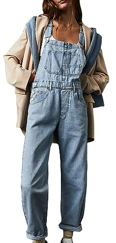 Qianderer Salopette da donna in denim casual a gamba larga in denim tuta larga larga bretella salopette pantaloni larghi jeans lunghi