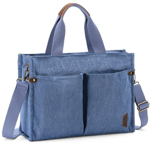 VASCHY Canvas Umhängetasche Damen, Handtasche Tote Bag Crossbody Casual Wiederaufnahme Totes für Dame mit Reißverschluss Taschen Geldbörse Arbeit Reise Blau