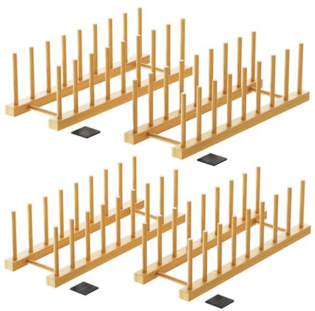 RISHTEN Bamboo Dish Drying Rack, 4-Pack Wooden Organizer for Plates, Bowls, Cups, Pots, Lids, Cutting Boards