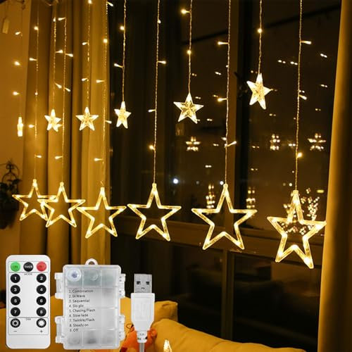 Kekeaya Ramadan Lights,12 Stars 138 Window Curtain Fairy String Lights with 8 Flashing Modes Decoration for Wedding, Party,Holiday, Home Decorations,USB/Battery Powered(Warm White)