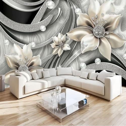 Murale Photo Papier Peint 300 x 210 cm Intissé Tableaux Poster Mural Tapisserie Diamant Perle Grande Fleur Blanche Papier Peint Panoramique Gris Salon Maison Décorative Tenture Appartement