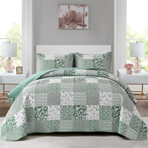 Mybedsoul Grünes Bettwäsche-Set in voller Größe, Patchwork-Blumenmuster | Weiches, leichtes Mikrofaser-Bettbezug-Set, 3-teilig, kariert, wendbar, Bett-Sets für alle Jahreszeiten, 198,1 x 228,6 cm