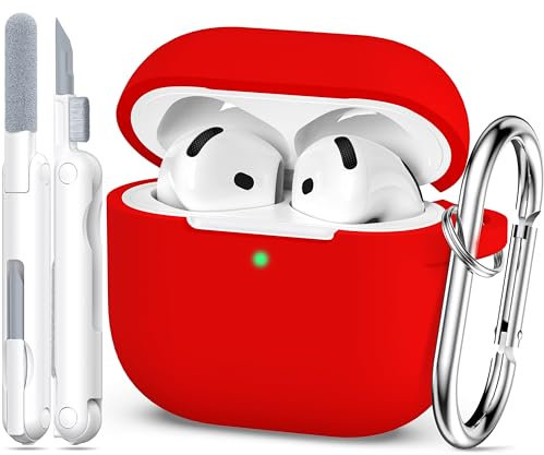 MHYALUDO Compatible with AirPods 4th Generation Case Cover 2024, Military Grade Soft Silicone, Shock Absorption, Compatible with AirPods 4 Case with Keychain and Cleaning Kit,Red