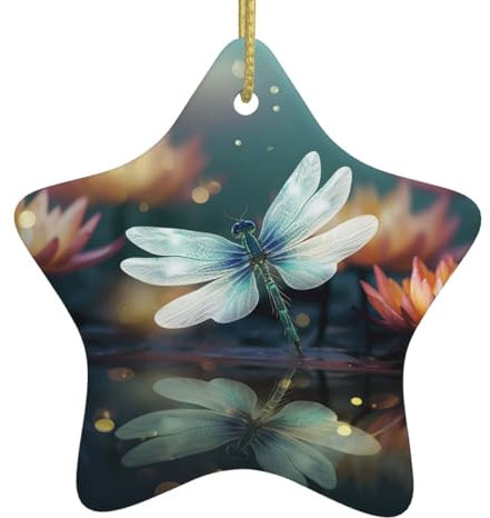 Libelle mit Seerose, Weihnachtsschmuck, Weihnachtsbaum, Keramik, zum Aufhängen, Basteln, Sternform, Ornamente mit goldfarbenem Band, personalisierter Weihnachtsbaumschmuck, Heimschmuck für