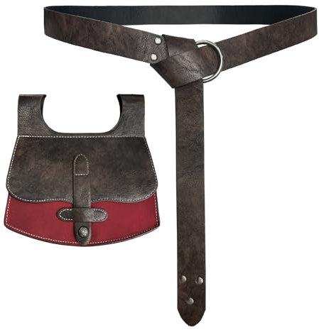 HiiFeuer Mittelalterliche Kunstleder Gürteltasche mit O Ring Gürtel handgefertigt, Vintage Ritter Gürtel und tragbare Renaissance Gürteltasche Set (Braun B)