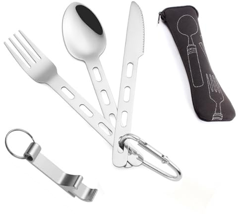 IUSOT 5in1 Camping Besteck Set Edelstahl, mit Tasche & Karabiner
