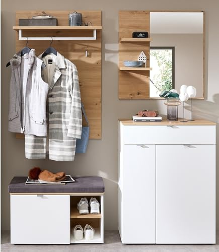 Garderoben-Set >Bari< (4-teilig) Schuhbank inkl. Kissen 78x50x38cm, Paneel 78x117x30cm, Schuschrank 78x103x38cm, Spiegel 78x80x17cm, weiss supermatt / Artisan Eiche Dekor - 158x200x38cm (BxHxT)