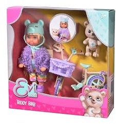Evi Love Teddy Bike, Spielpuppe mit Einer Flauschigen Jacke, mit Bärenhelm, Schuhe, Fahrrad und Teddy, 12cm, ab 3 Jahren