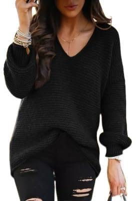 Imily Bela Jersey para mujer con cuello de pico, suéter de punto, informal, suelto, manga larga, cable de punto, parte superior cálida de invierno, Negro , M