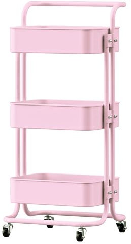 FUREINSTORE Carrito Auxiliar con Ruedas, Carro Organizador Metalico 3 Niveles Multiuso para Cocina, Baño, Dormitorio, Oficina, Fácil de Mover y Montar (Rosa)