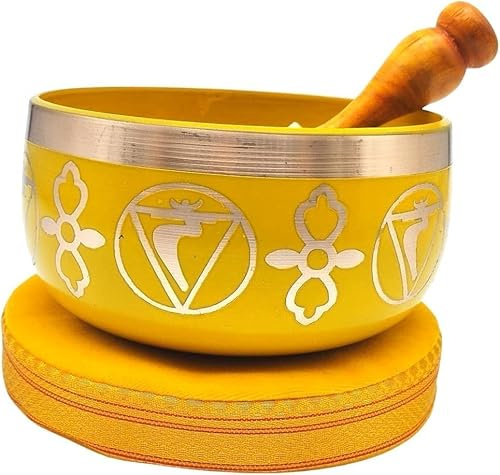 Tibetan Gelb Singing Bowl Set mit Klöppel & Kissen - Handgefertigte Klangschale für Meditation, Klangtherapie, Yoga spirituelle Praktiken | Geschenkbox aus Lokta-Papier Mit Kajal