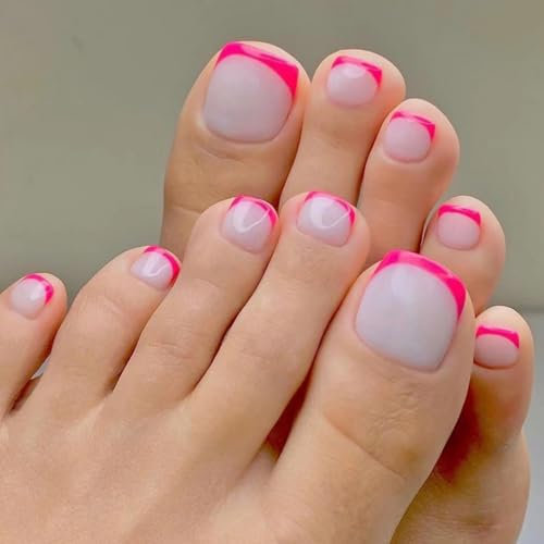 SXVME Hot Pink French Tip Press on Toes Nails Short Square, White Fake Toe Nails Glue on, Acrylic Toe Press on Nails for Women, Full Cover Glossy Gel ToeNails in 24 Pcs