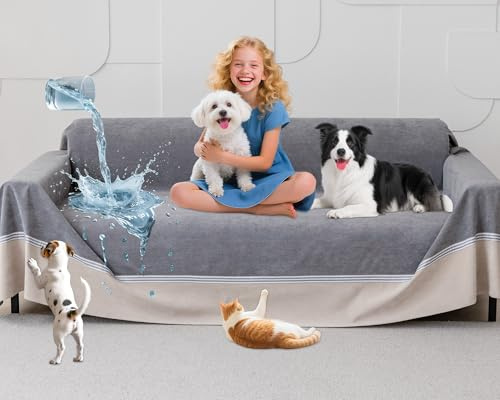 Loiion Wasserdichter Sofabezug Hund Katze 340x230cm Grau rutschfest | Hundedecke Schonbezug Couch Wasserabweisend Kratzfest Maschinenwaschbar Rutschfest Beidseitig Haustier 340x230cm